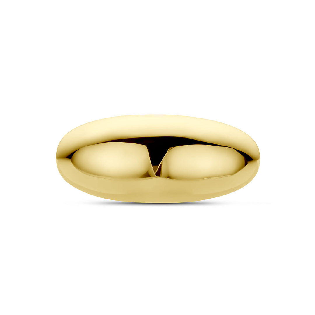 De ring 14K geelgoud uit de Van der Kooij Collectie heeft een glanzend, ovaal ontwerp met een gladde, reflecterende afwerking en wordt gepresenteerd tegen een witte achtergrond: een opvallend accessoire.