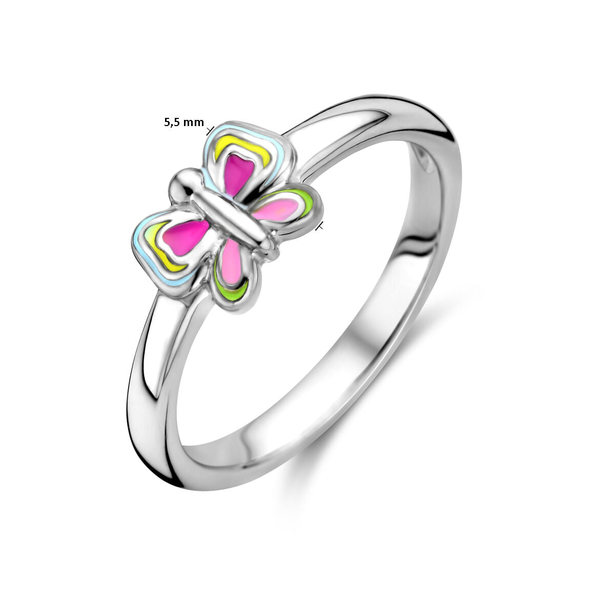 De Van der Kooij Collectie ring vlinder zilver gehodineerd heeft een kleurrijke vlinder (5,5 mm) in roze, geel, wit en blauw op een gladde, gepolijste band. Ideaal voor liefhebbers van kindersieraden.