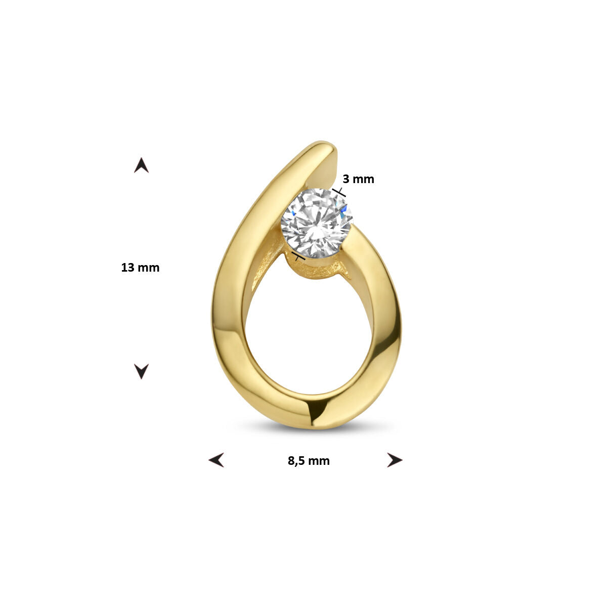 De hanger druppel zirkonia 14K geelgoud van Van der Kooij Collectie heeft een gladde druppelvorm met een heldere zirkonia bovenaan. Afmetingen: 13 mm hoog, 8,5 mm breed en 3 mm dik. Perfect voor dames sieraden.