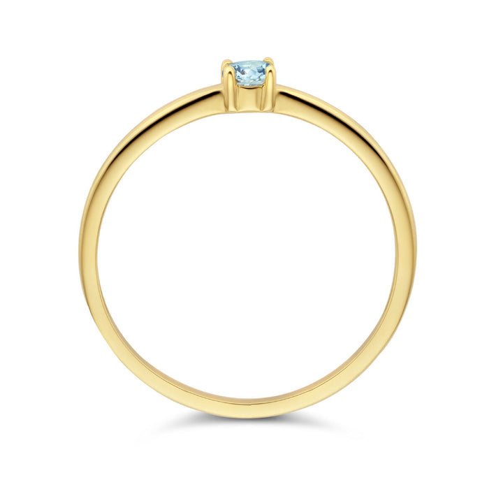 De Van der Kooij Collectie ring met geboortesteen aquamarijn maart 14K geelgoud heeft een enkele ronde aquamarijn in een viertandige zetting, zichtbaar vanaf de voorkant tegen een witte achtergrond.