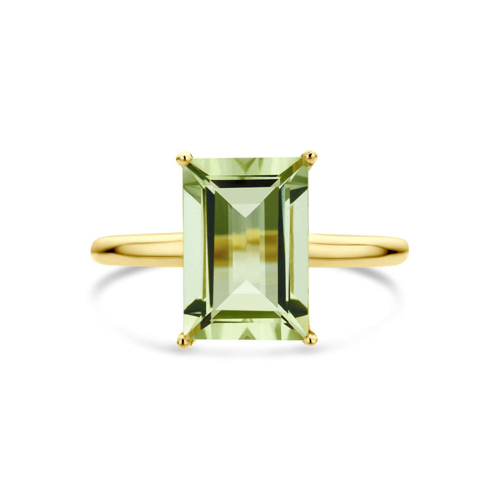 De Van der Kooij Collectie ring groen amethist 14K geelgoud heeft een rechthoekige, smaragdgeslepen groene amethist in een minimalistische zetting met vier tanden.