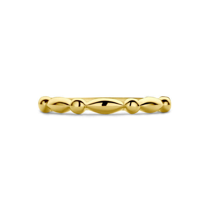 Een 14K geelgoud ring van Van der Kooij Collectie met een afwisselend patroon van kleine ronde en langwerpige ovale kralen langs de band, afgebeeld op een witte achtergrond.