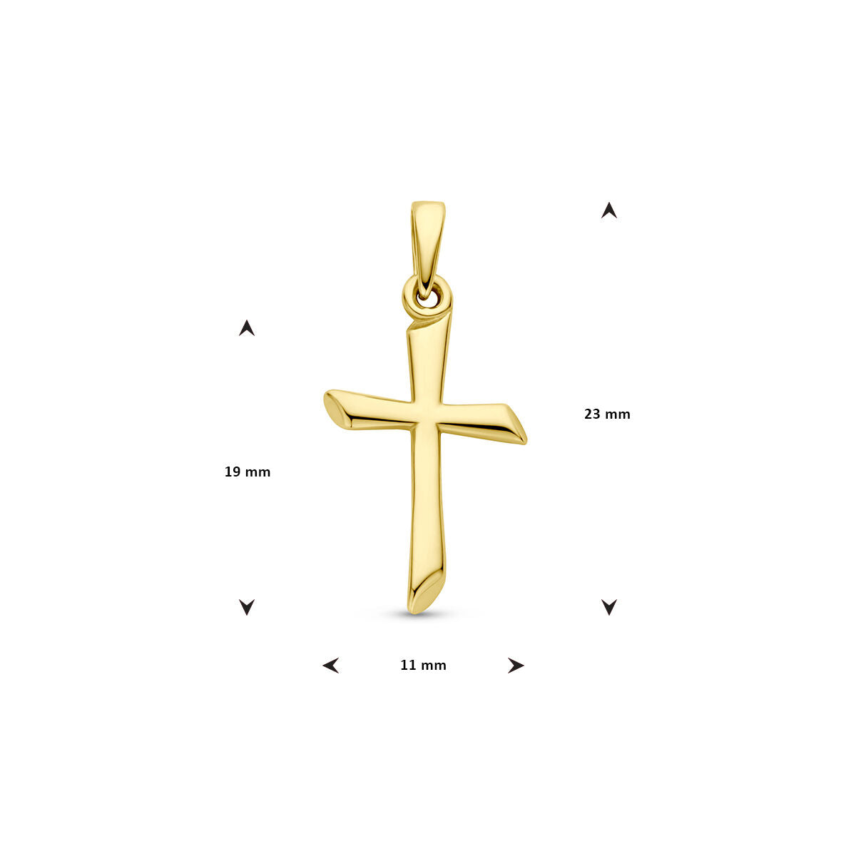 De hanger kruis 14K geelgoud uit de Van der Kooij Collectie meet 23 mm hoog, 19 mm interne hoogte en 11 mm breed. Licht gebogen armen. Afbeeld op witte achtergrond met maatlijnen; een stijlvol sieraad voor geloof en spiritualiteit.
