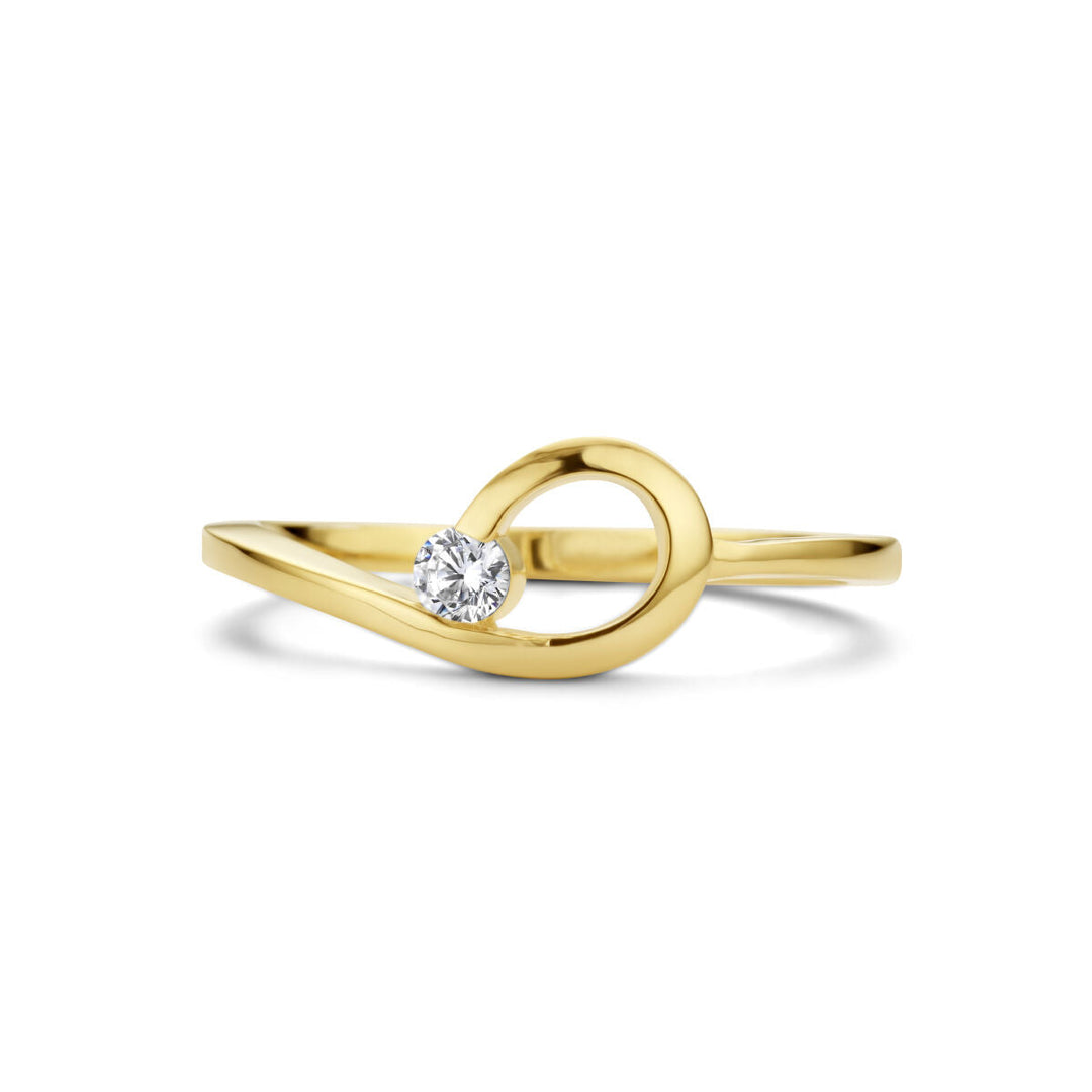 De Van der Kooij Collectie ring zirkonia 14K geelgoud heeft een modern open lusontwerp met een enkele ronde zirkonia gezet waar de band elkaar kruist.