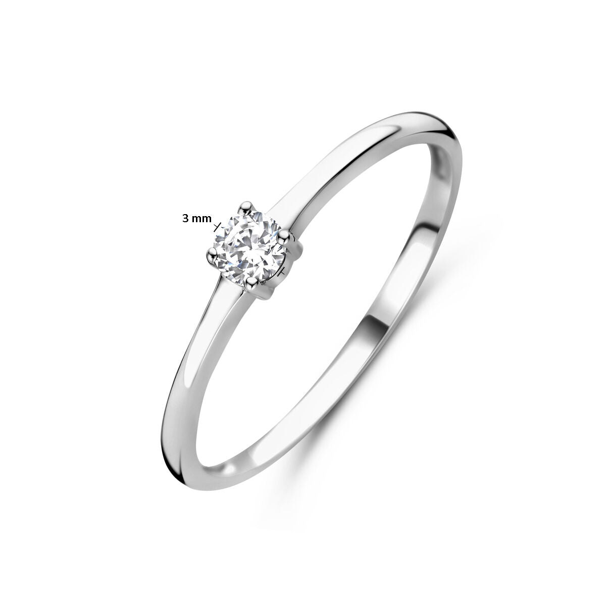 Een gegerhodineerde zilveren "ring met geboortesteen cz april" van Van der Kooij Collectie, met een enkele ronde 3 mm zirkonia in solitaire zetting, getoond tegen een witte achtergrond.