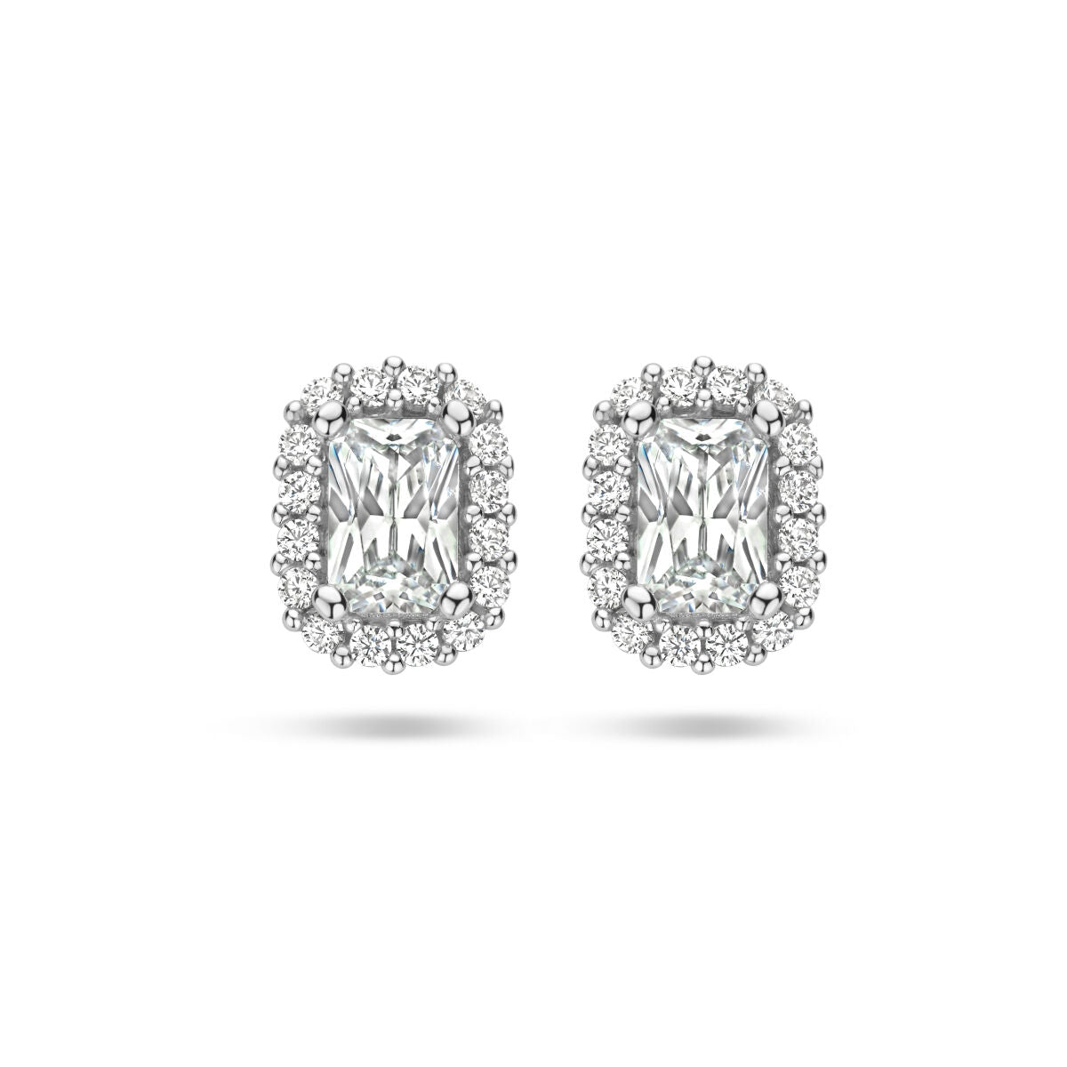 Orecchini in argento rodiato con zirconi a forma di halo, dettagli brillanti.
