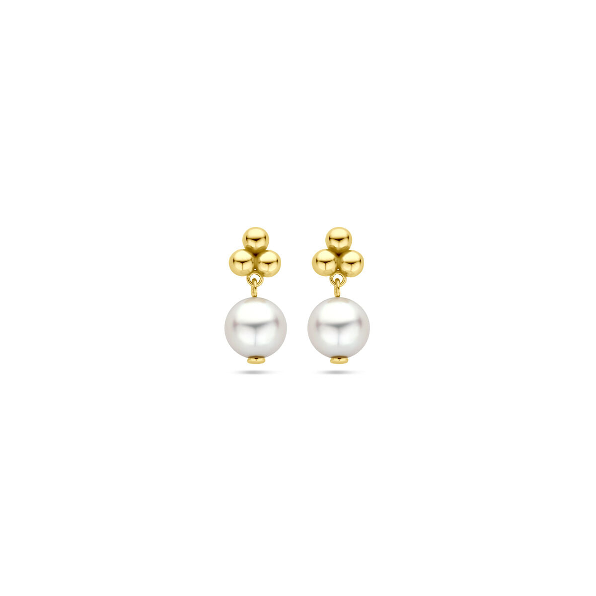 Orecchini in oro giallo 14K con perle bianche di 15 mm.