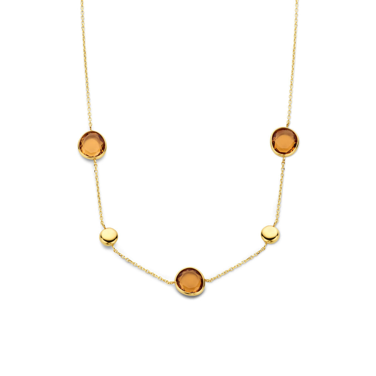 Collana in oro giallo 14K con cinque elementi di citrino tondo.