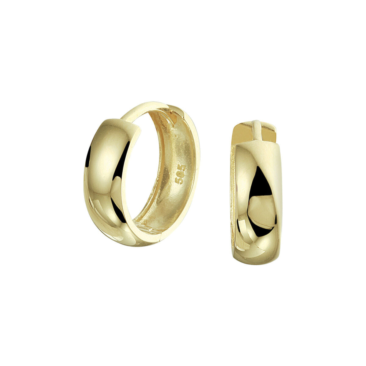 Een paar Van der Kooij Collectie klapoorringen 14K geelgoud voor dames, getoond van de zijkant en de voorkant, met een gladde gepolijste afwerking.