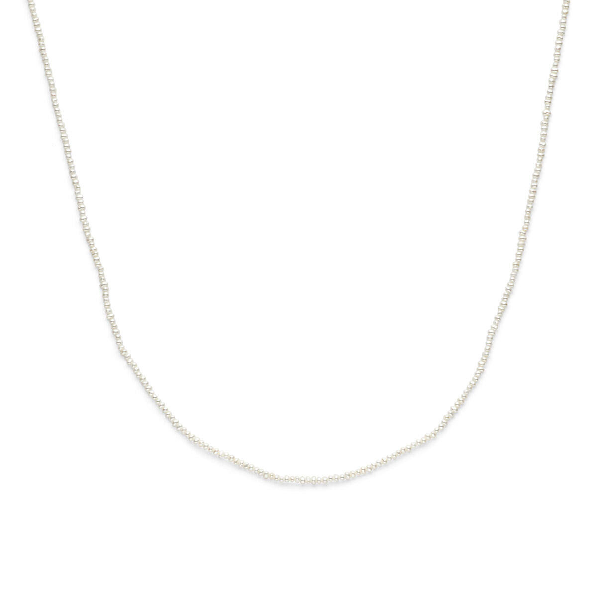 Collana di perle argentata, lunghezza 41-45 cm, finitura rodiata.