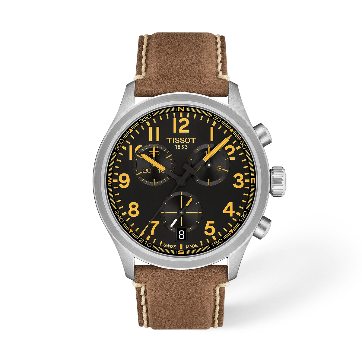 Orologio Tissot Chrono con cassa in acciaio, quadrante nero e dettagli gialli, cinturino in pelle marrone.