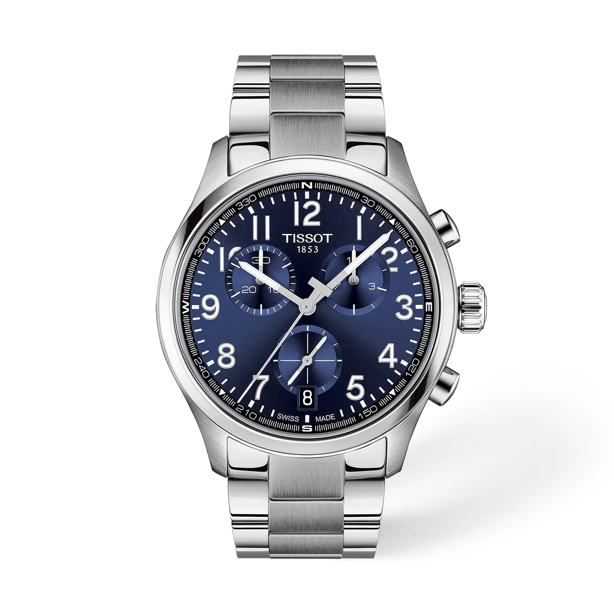 Orologio Tissot Chrono con cassa in acciaio inox, quadrante blu e cinturino in acciaio.