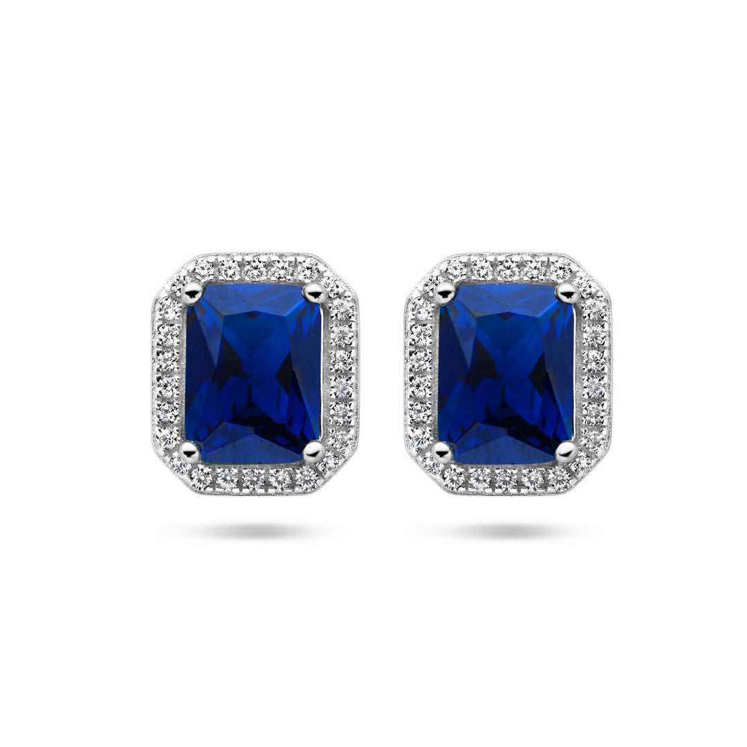 oorknoppen blauw en wit zirkonia halo zilver gerhodineerd