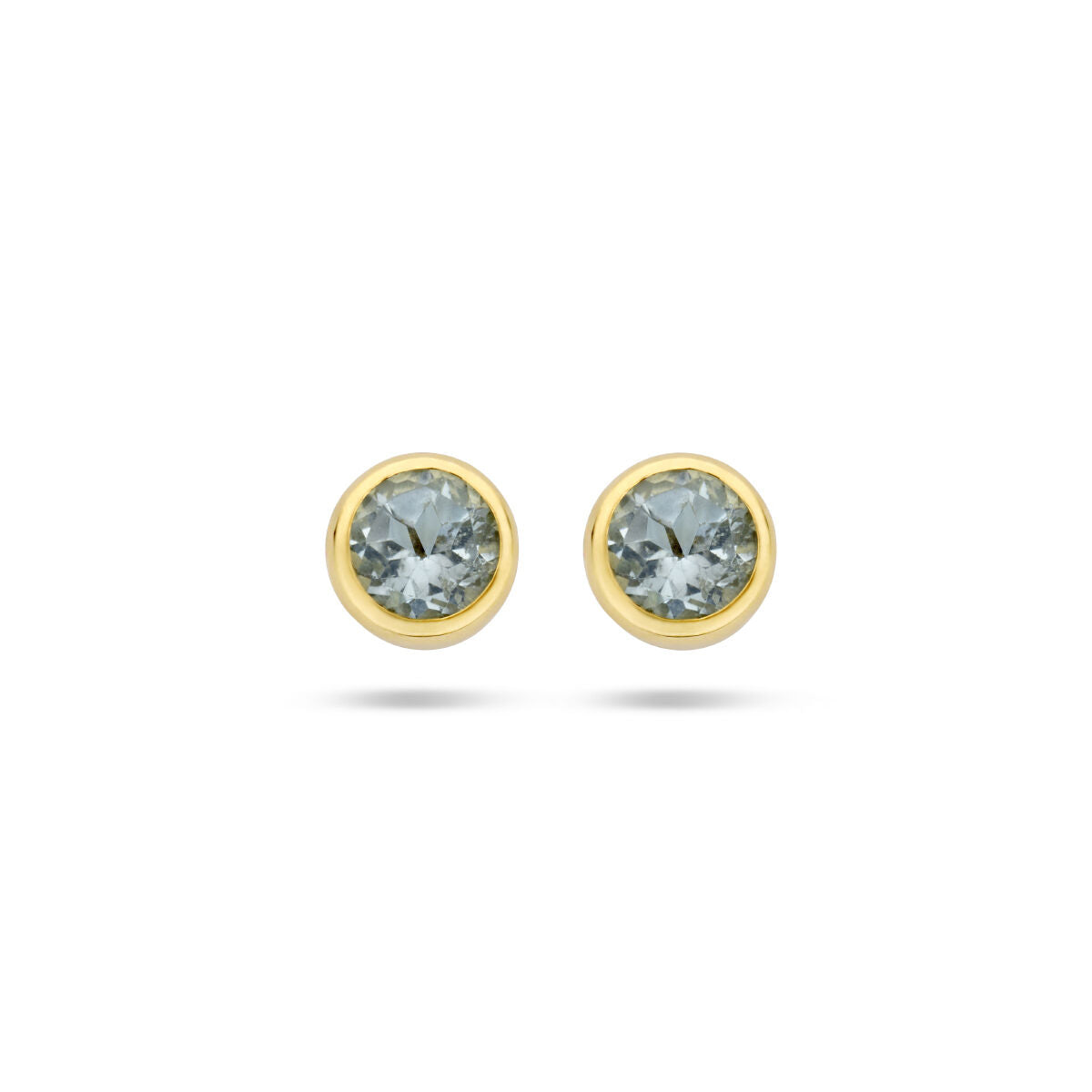 Orecchini in oro giallo 14K con topazi blu, design rotondo.