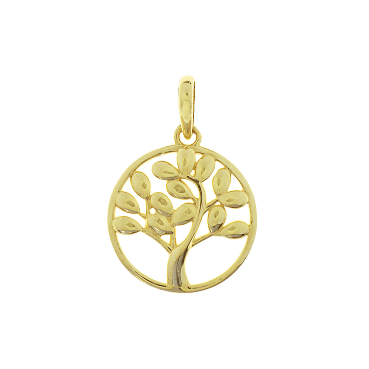 Ciondolo in oro giallo 14K a forma di albero della vita con foglie dettagliate.