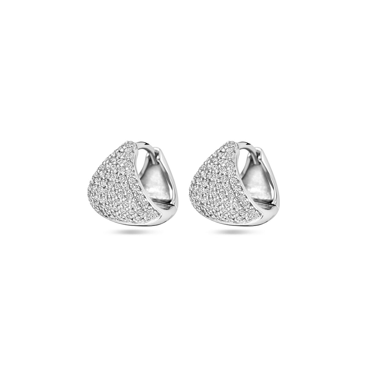 Orecchini alla creola in argento rodiato con zircone, misura 11 mm, design a forma curva.