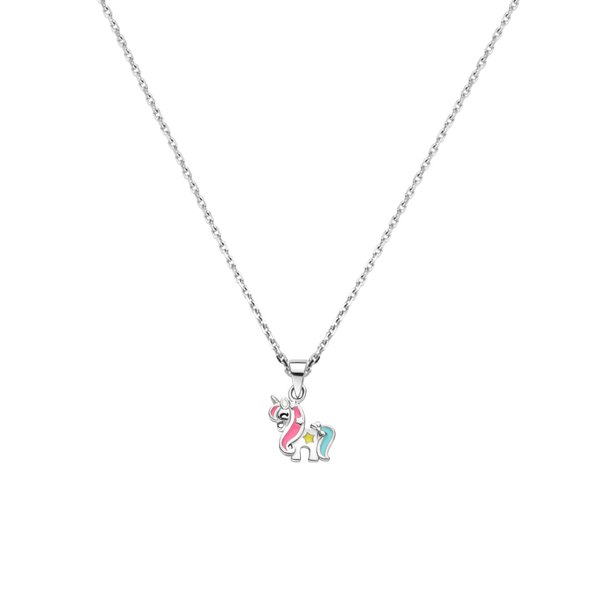 Collana con ciondolo a forma di unicorno, in argento rodiato, lunghezza 36 + 4 cm.