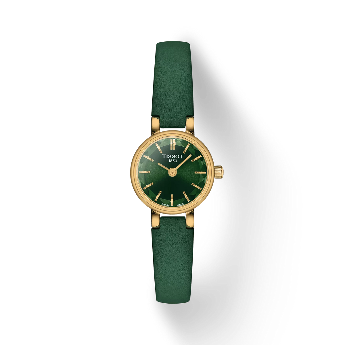 Orologio da donna Tissot Lovely con cassa rotonda dorata e quadrante verde, cinturino in pelle verde.