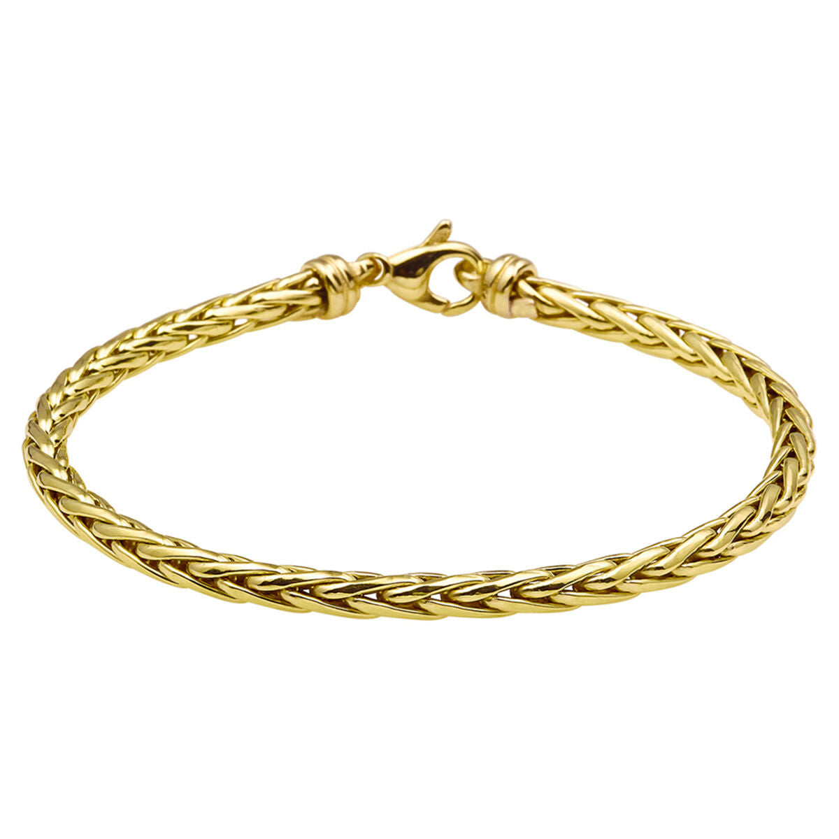 Bracciale in oro giallo con nucleo in argento, design a treccia, larghezza 4,0 mm, lunghezza 19 cm.
