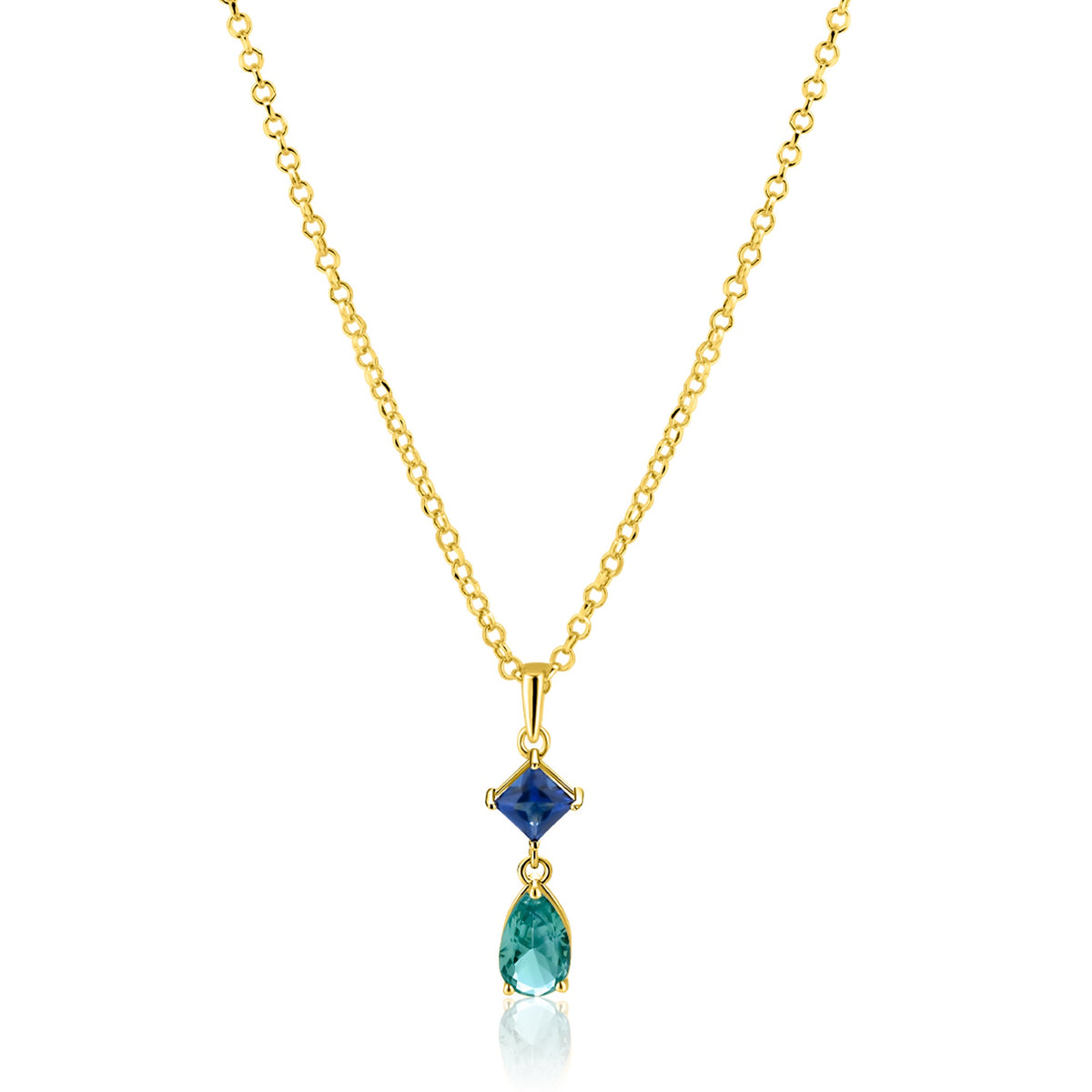 Collana dorata con pendente a forma di goccia e pietre blu e verdi.