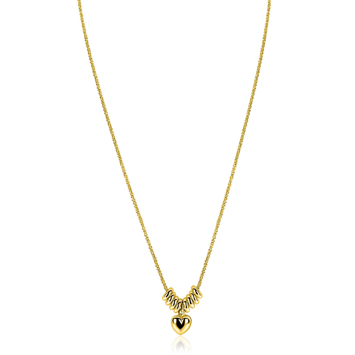Collana dorata con pendente a forma di cuore e dettagli scintillanti.