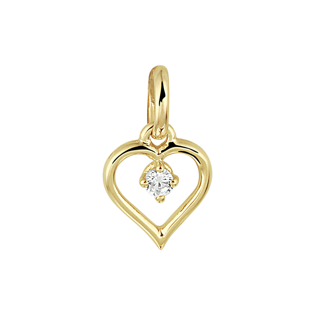 Ciondolo a forma di cuore in oro giallo 14K con zircone centrale.