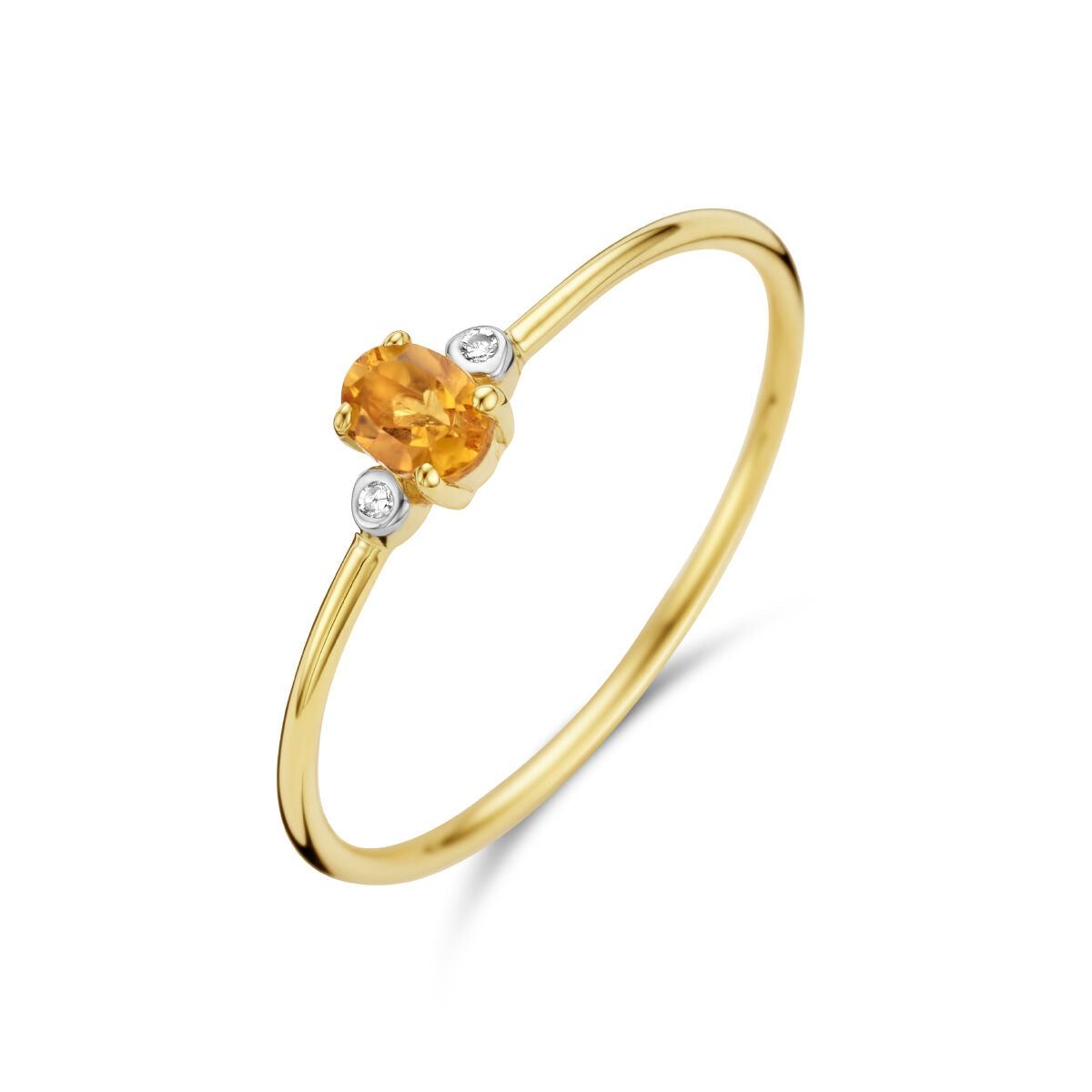 Anello trilogia in oro giallo 14K con citrino e diamanti da 0,006 ct.