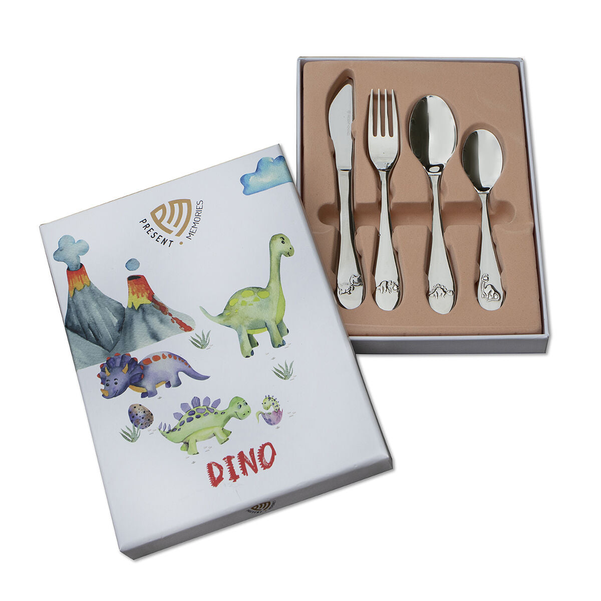 Set di posate per bambini in acciaio inossidabile con design di dinosauri.