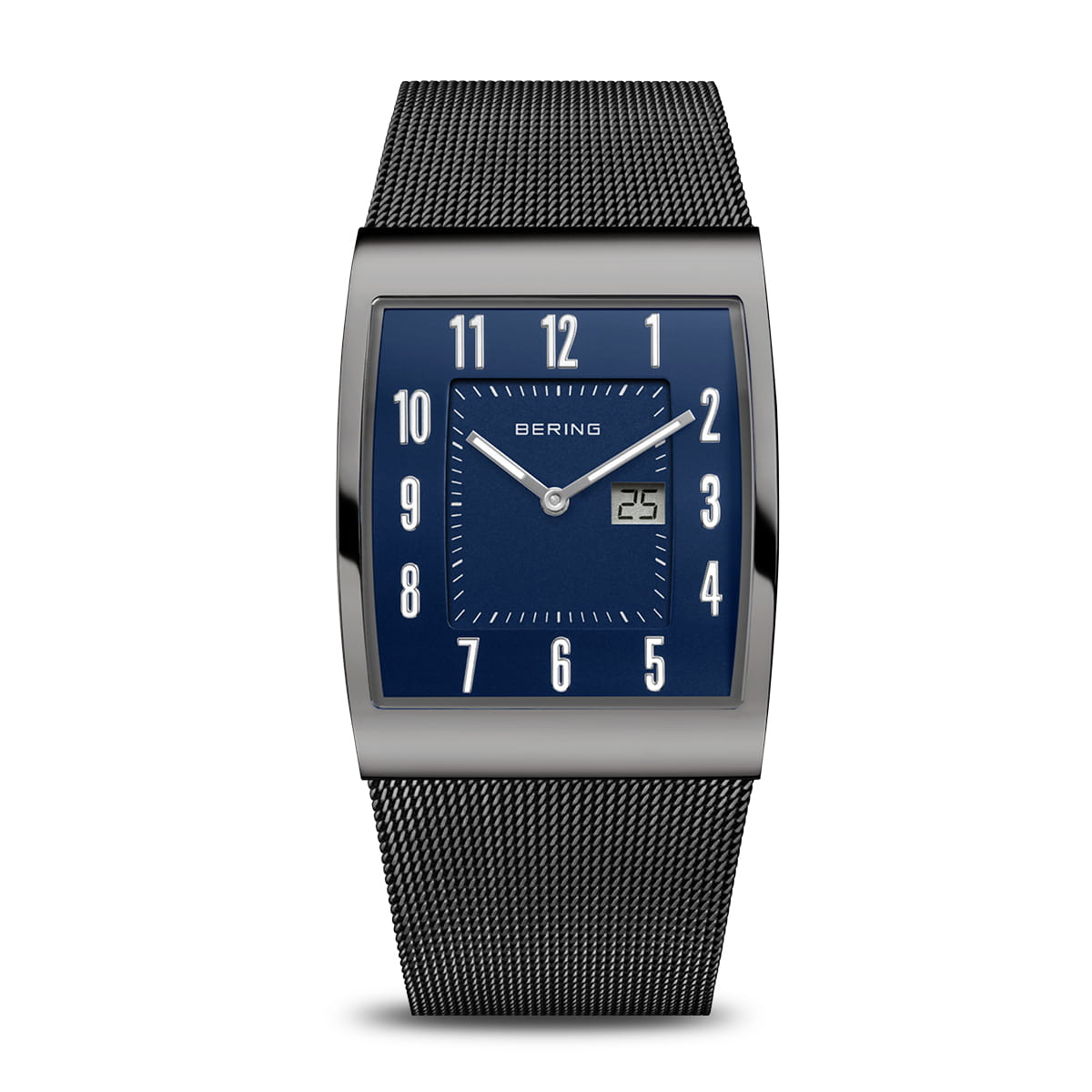 Orologio da uomo con quadrante blu, cassa rettangolare in acciaio e cinturino in maglia.