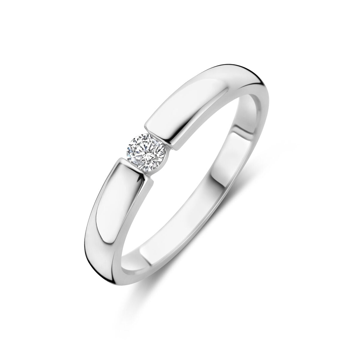 anello in argento rodiato con zircone centrale brillante