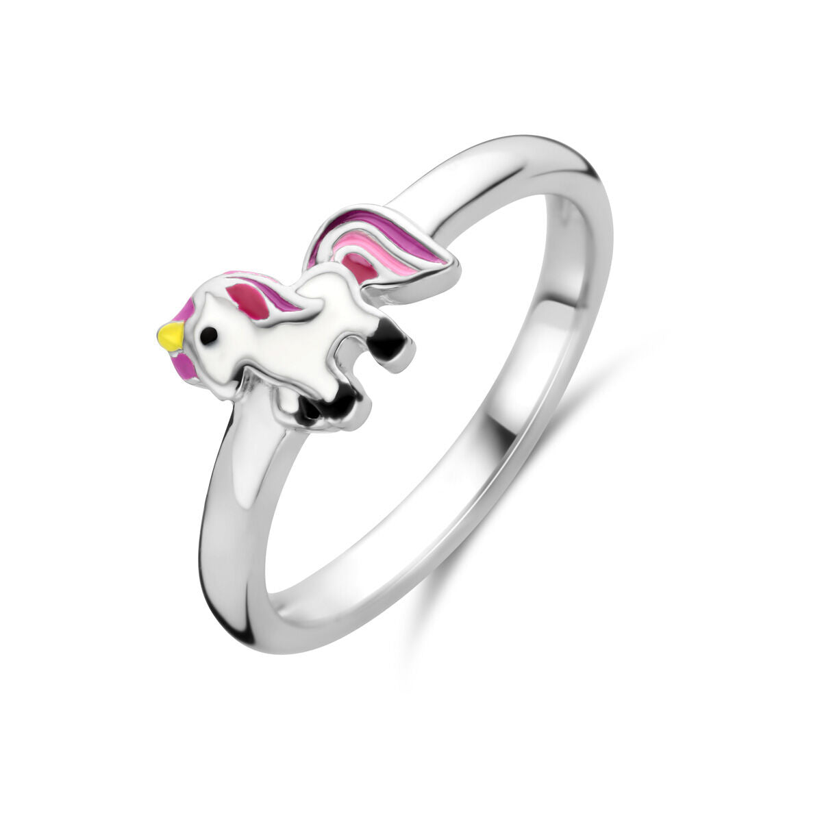 anello in argento rodiato con un unicorno smaltato colorato