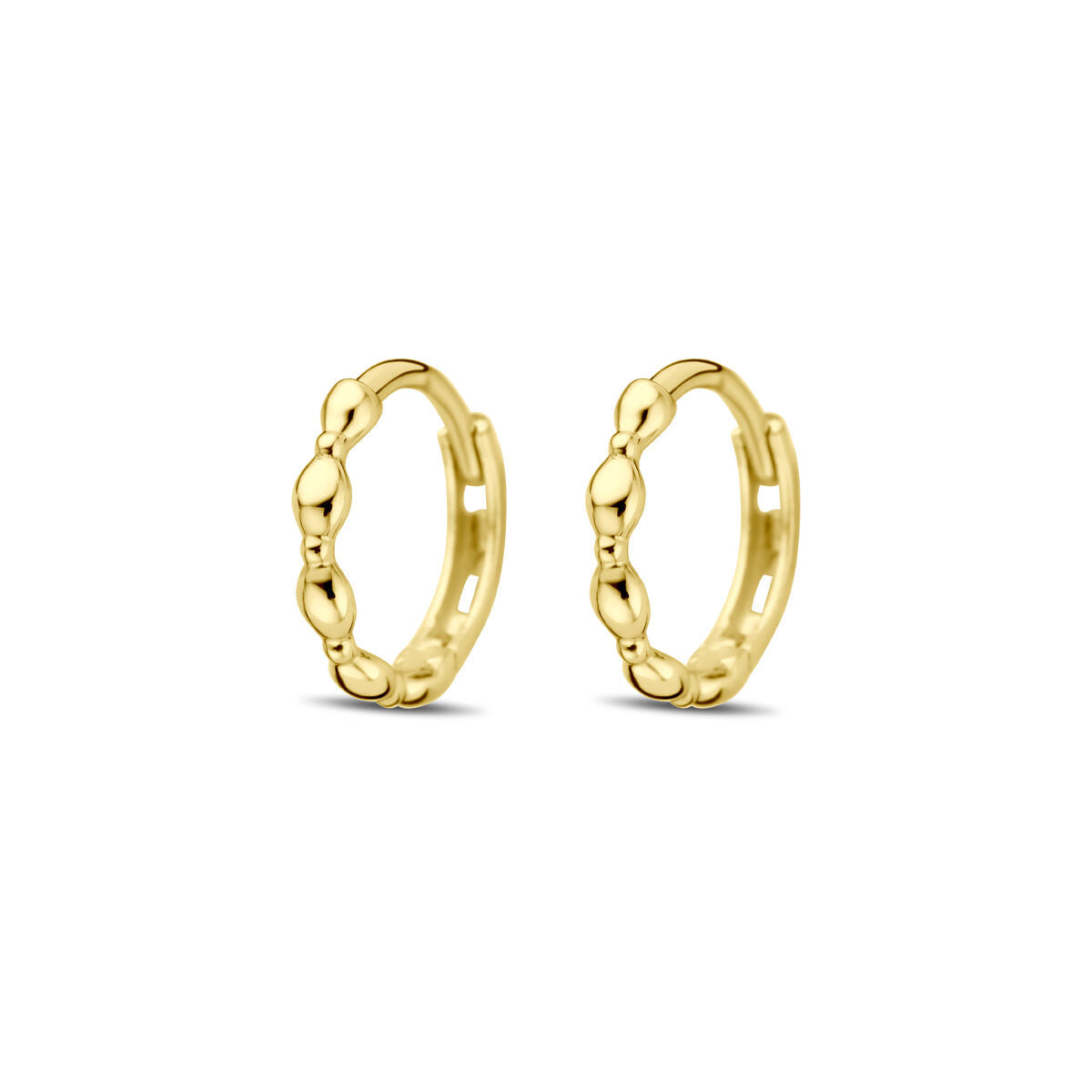 Orecchini alla creola in oro giallo 14K, diametro di 10 mm, con dettagli bombati.