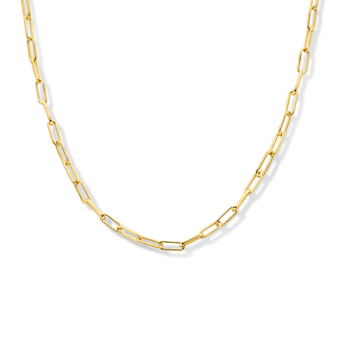 Collier van verguld zilver met paperclip schakels en vierkante buisjes, lengte 41 + 4 cm.