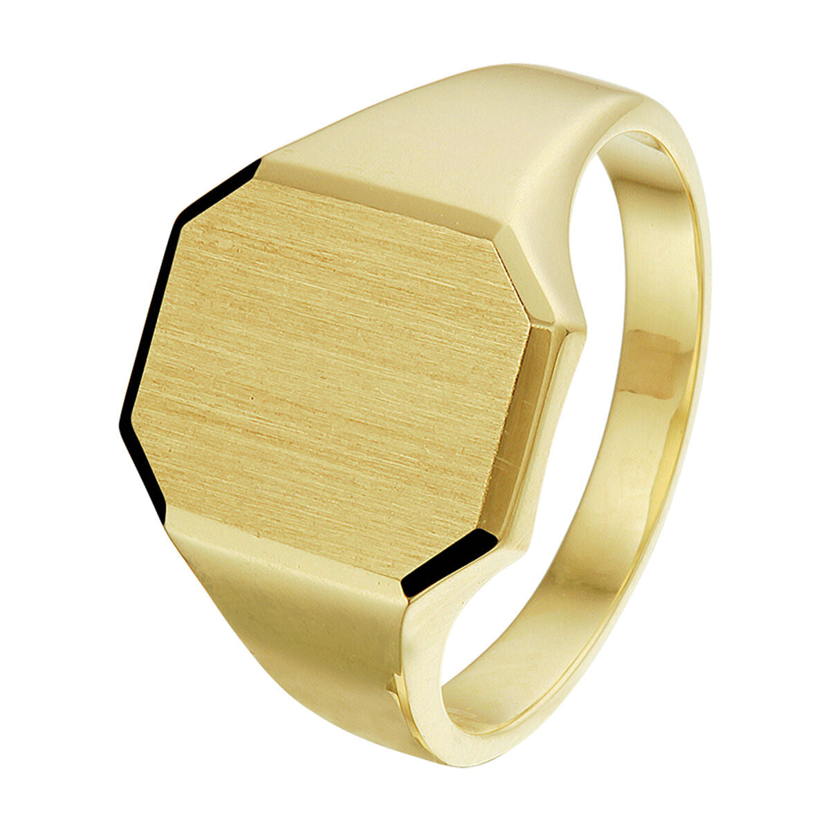 Anello in oro giallo 14K, massiccio, finitura opaca e diamantata, forma esagonale.