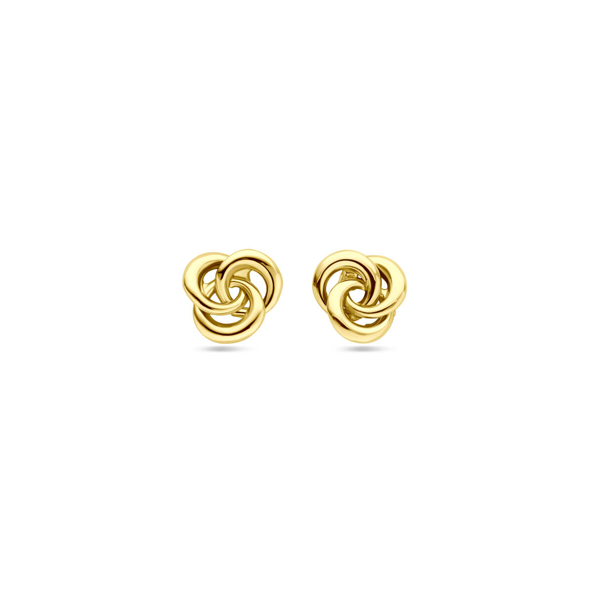 Orecchini in oro giallo 14K con design intrecciato, diametro di 7 mm.
