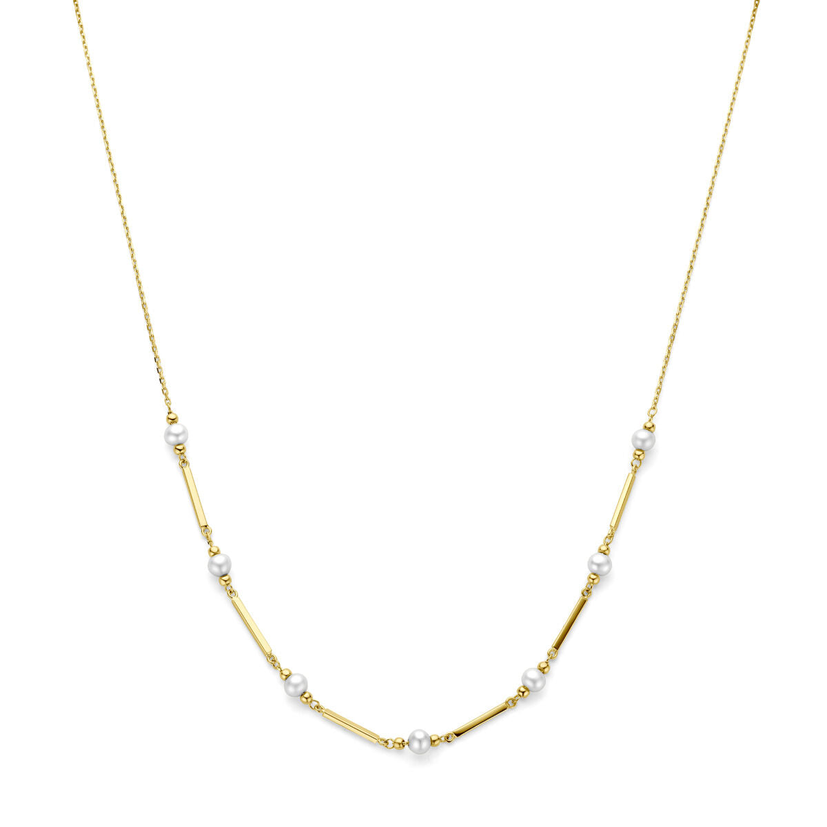 Collana in oro giallo 14K con perle e dettagli a barre.