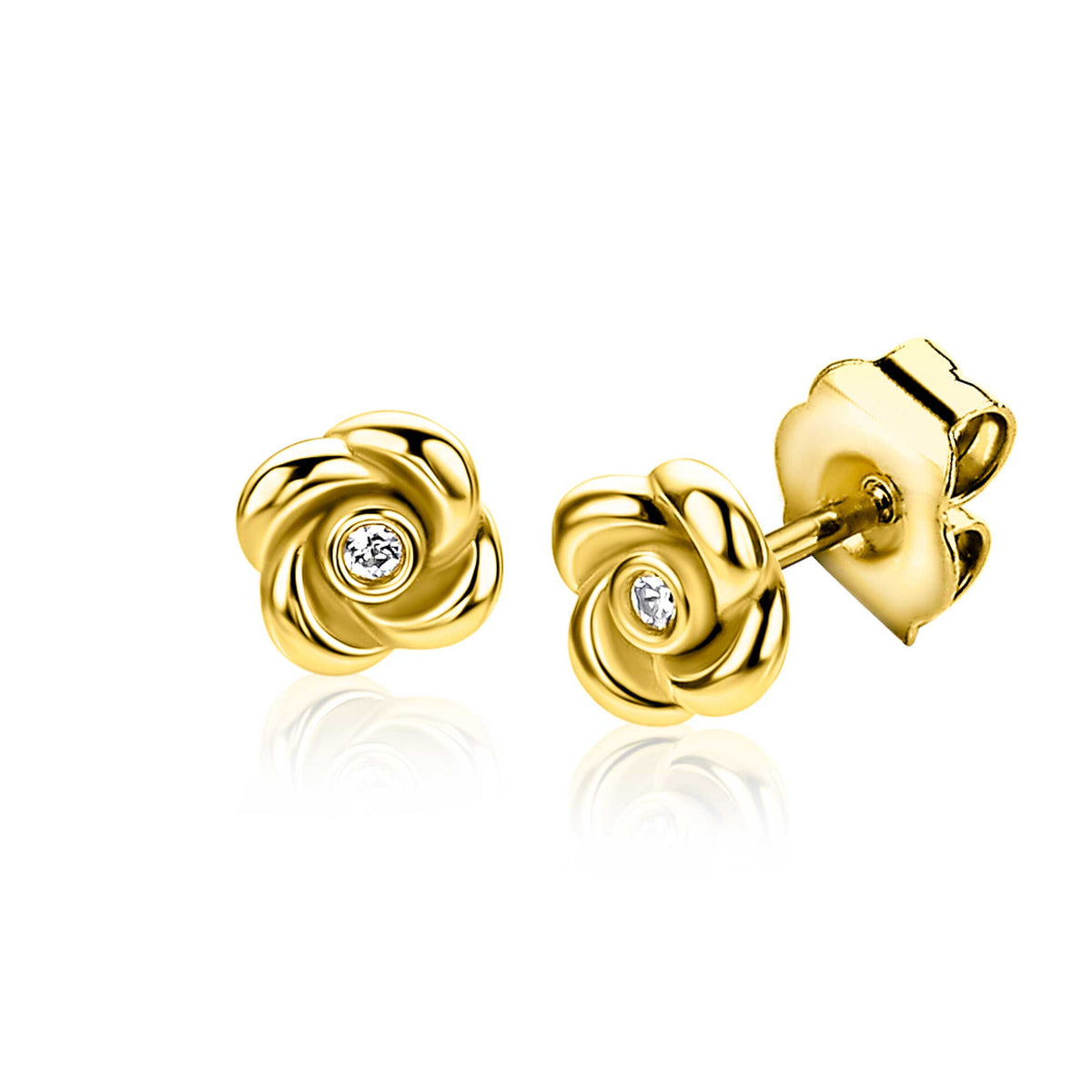 Orecchini in argento placcato oro a forma di rosa con un piccolo zirconia centrale.