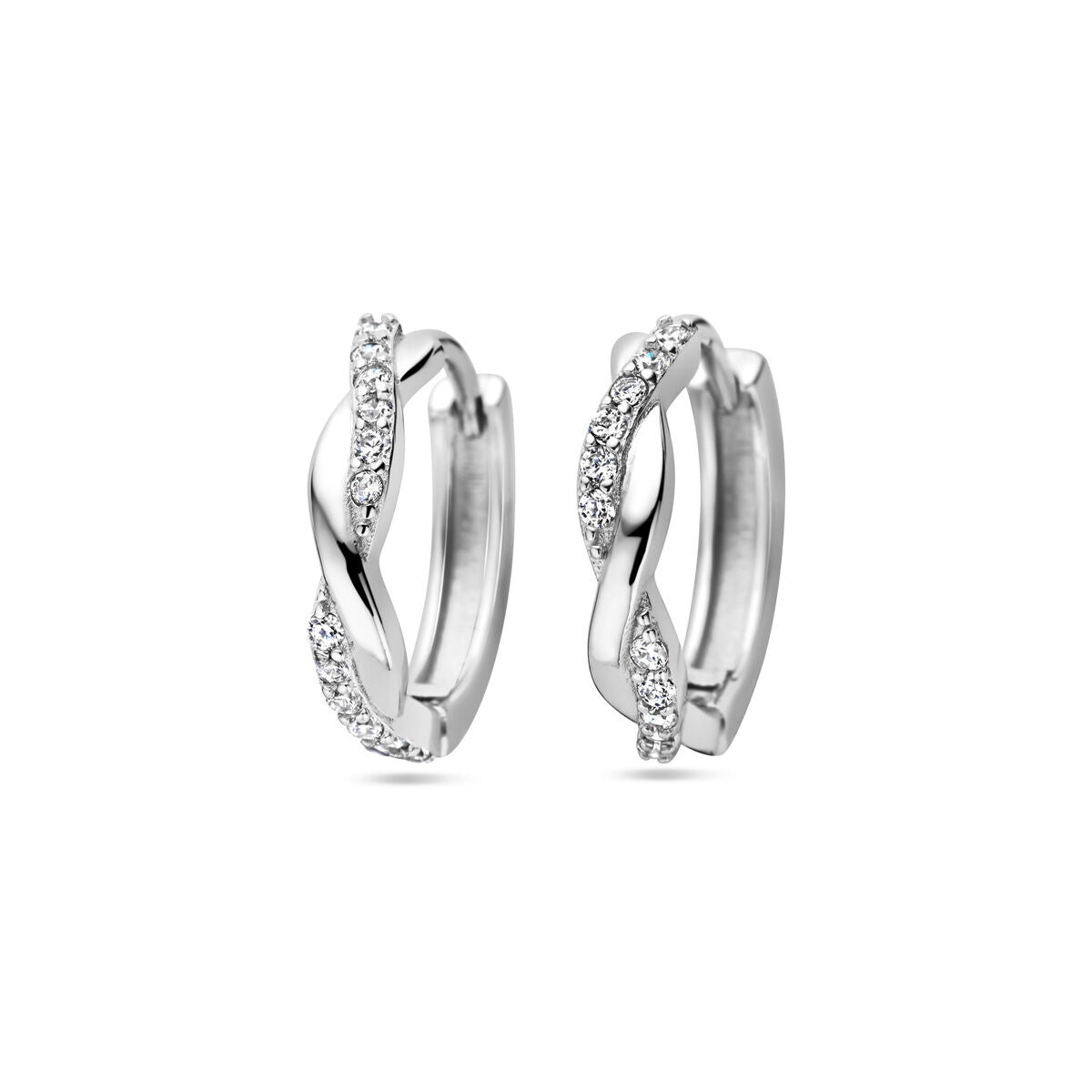 Orecchini alla creola in argento rodiato con zircone, design intrecciato.