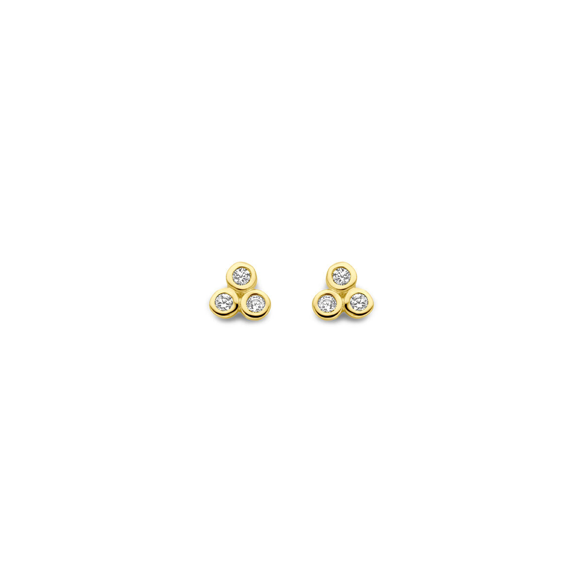 Orecchini in oro giallo 14K con tre zirconi da 3 mm.