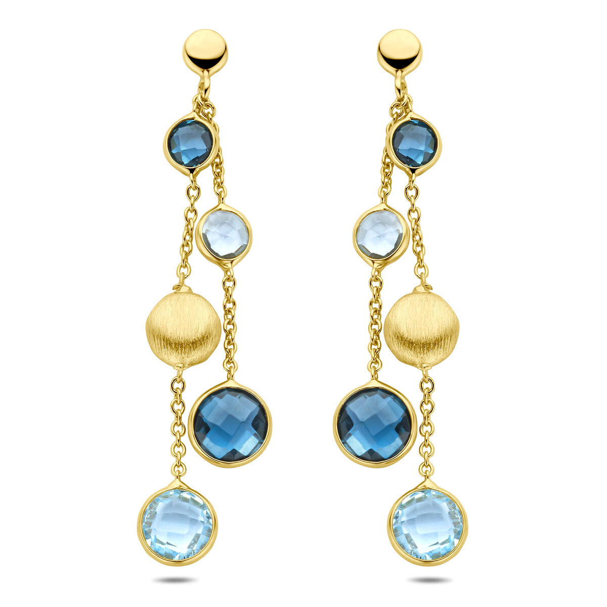 Orecchini pendenti in oro giallo 14K con topazi blu cielo e topazi blu di Londra, forma rotonda.