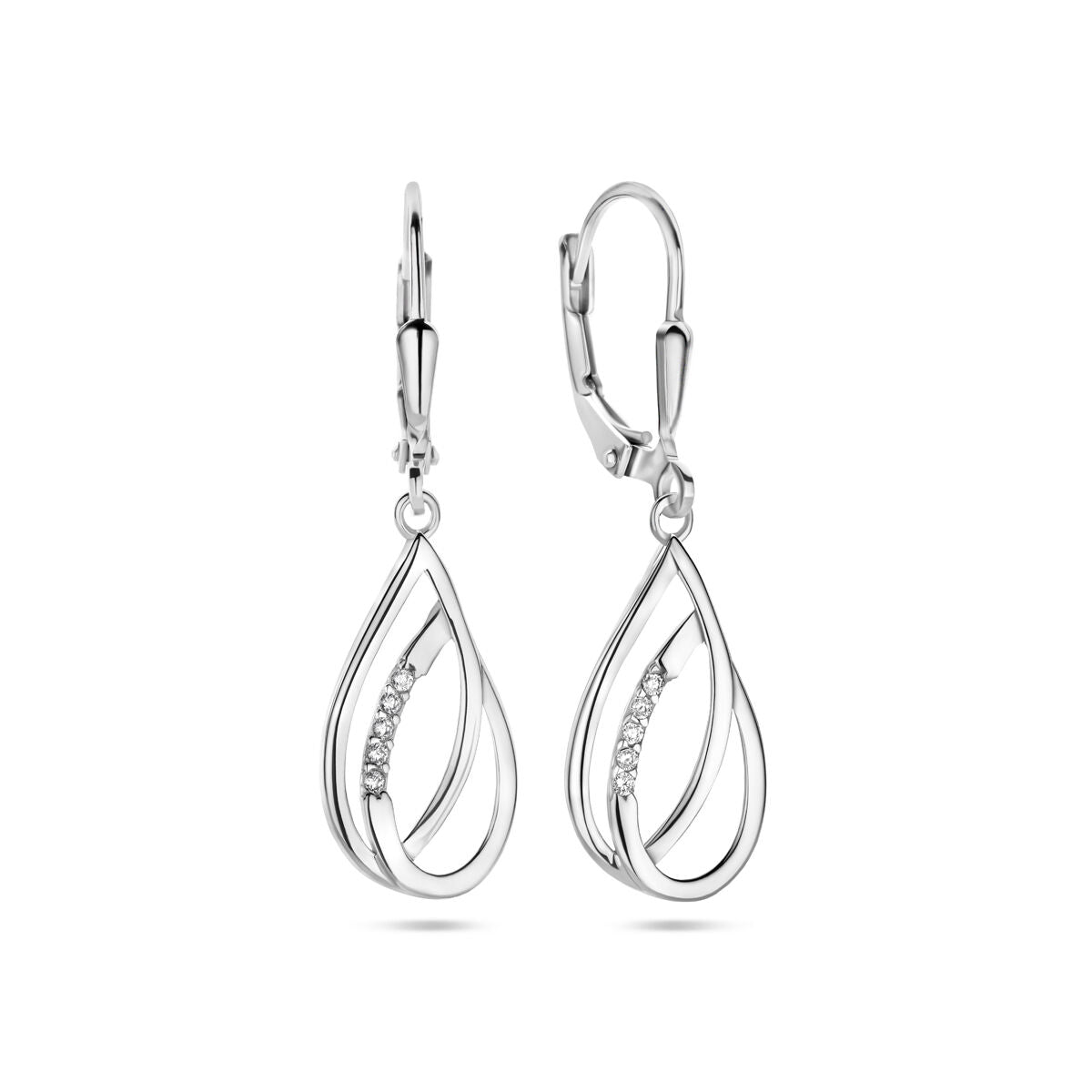 Orecchini pendenti a goccia con zirconi, gancio a brisura, 34 mm, argento rodiato