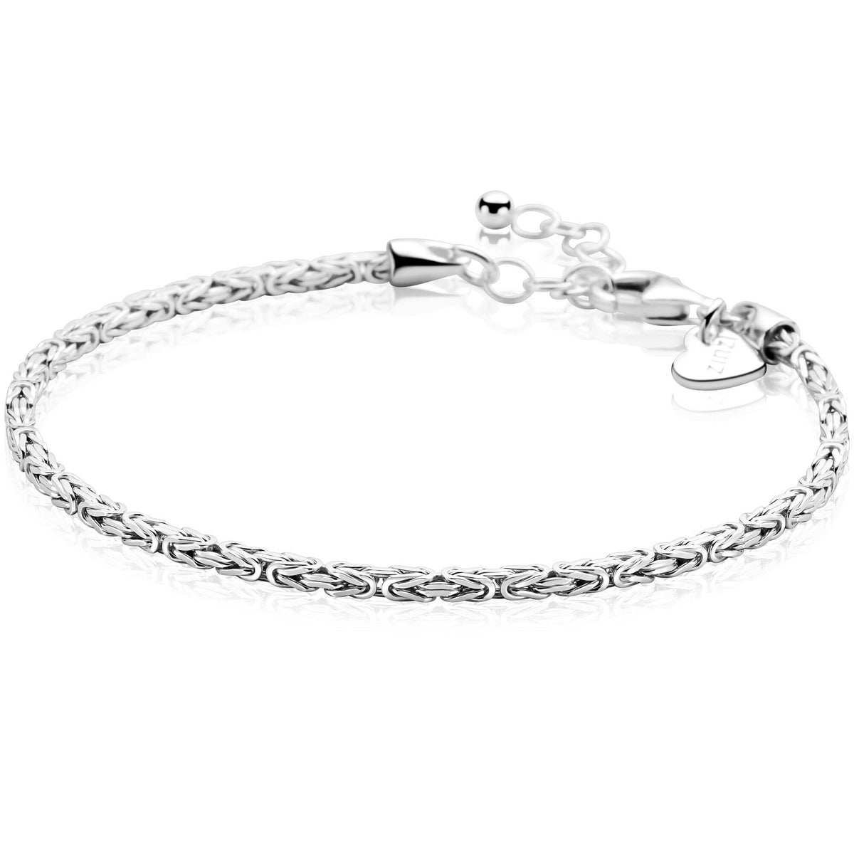Bracciale in argento massiccio con maglia bizantina, finitura lucida e chiusura a moschettone.