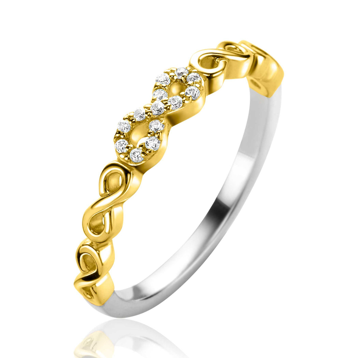 Anello in argento con dettagli dorati e pietre brillanti a forma di infinito.