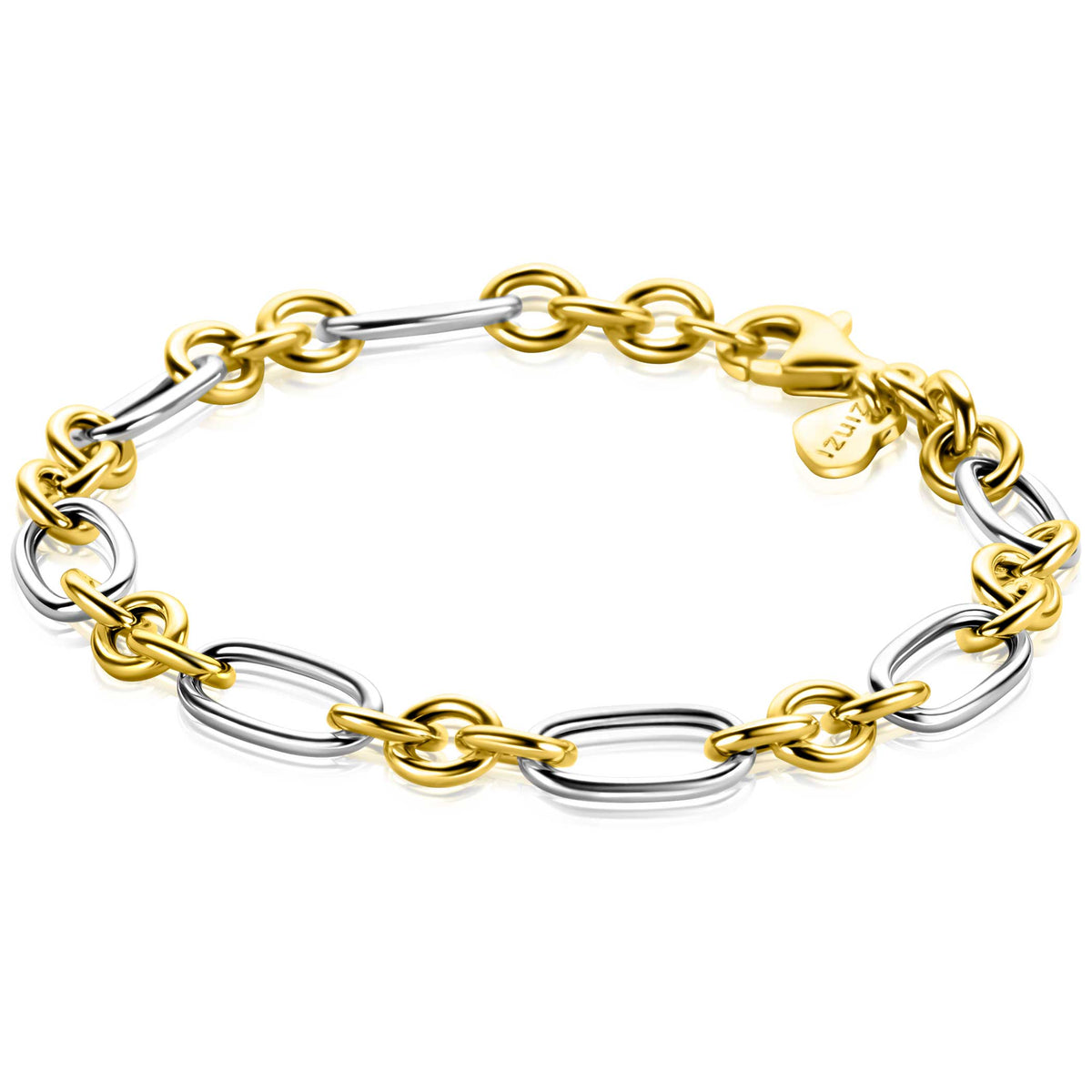 Bracciale in argento con maglie dorate e argentate, lunghezza 19,5 cm.