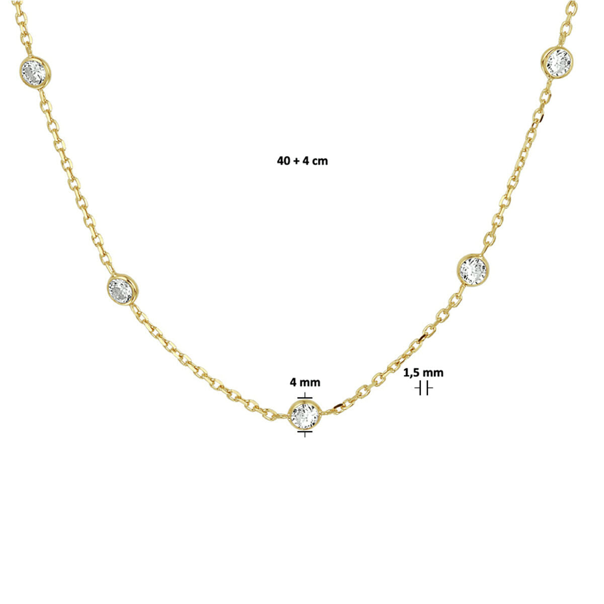 De Van der Kooij Collectie Gouden dames ketting zirkonia zilver verguld (geel) is een 925 zilver verguld collier van 40 + 4 cm met ronde zirkonia van 4 mm en een schakelbreedte van 1,5 mm.