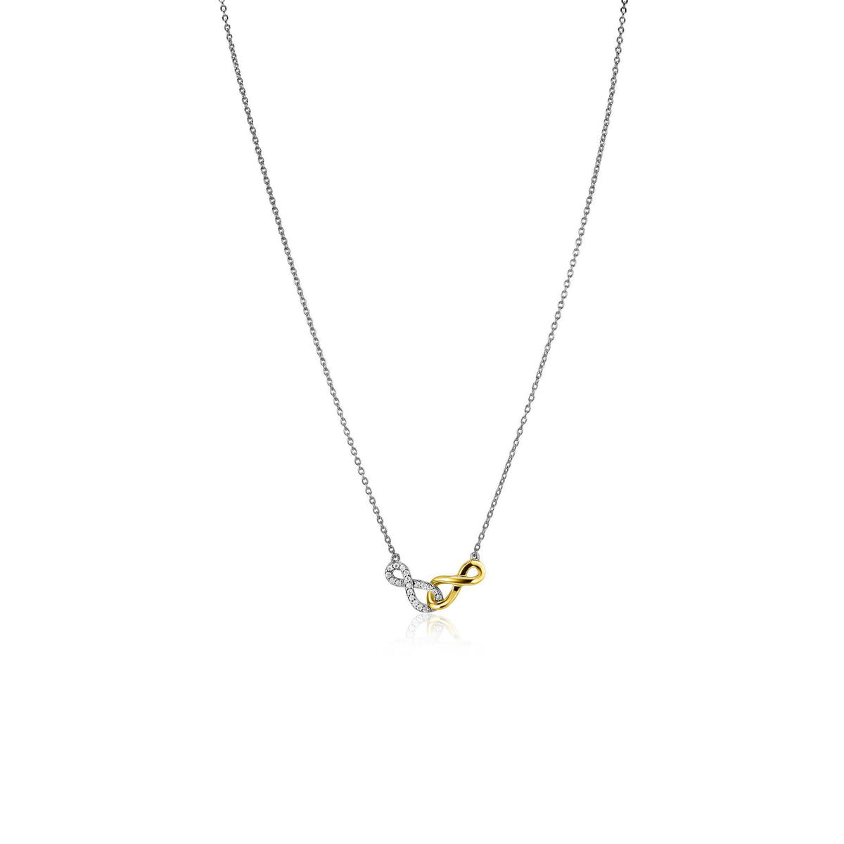 Collana in argento con dettaglio dorato a forma di infinito, lunghezza 42-45 cm.
