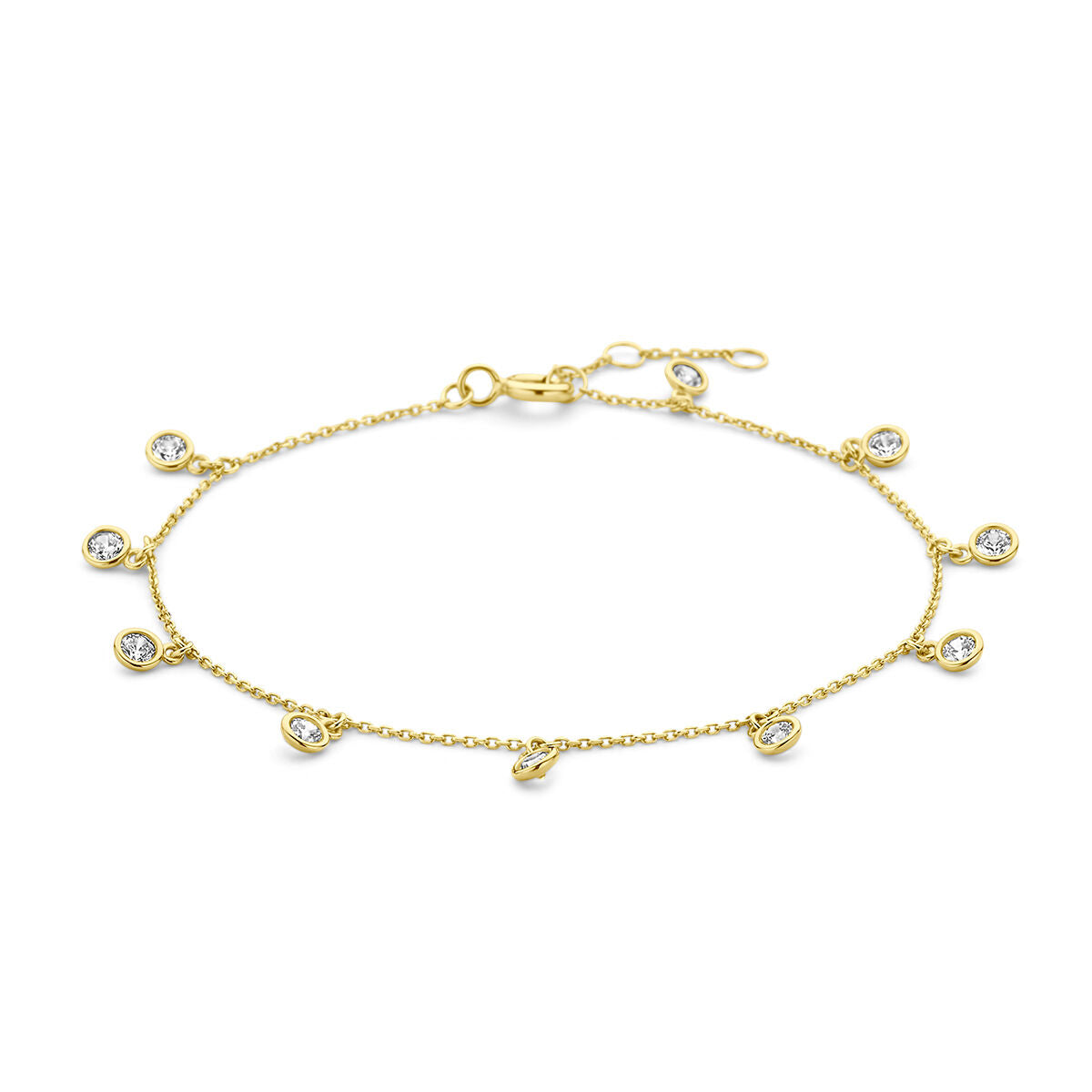 Bracciale dorato da donna con zirconi, realizzato in oro 14K, con pendenti a forma di goccia.