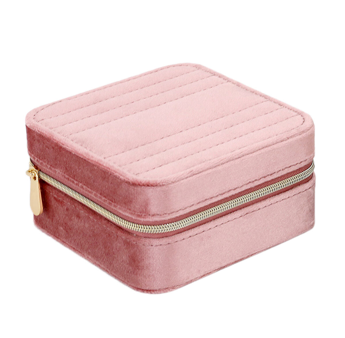 Scatola per gioielli rosa in velluto con chiusura a zip e finitura trapuntata.