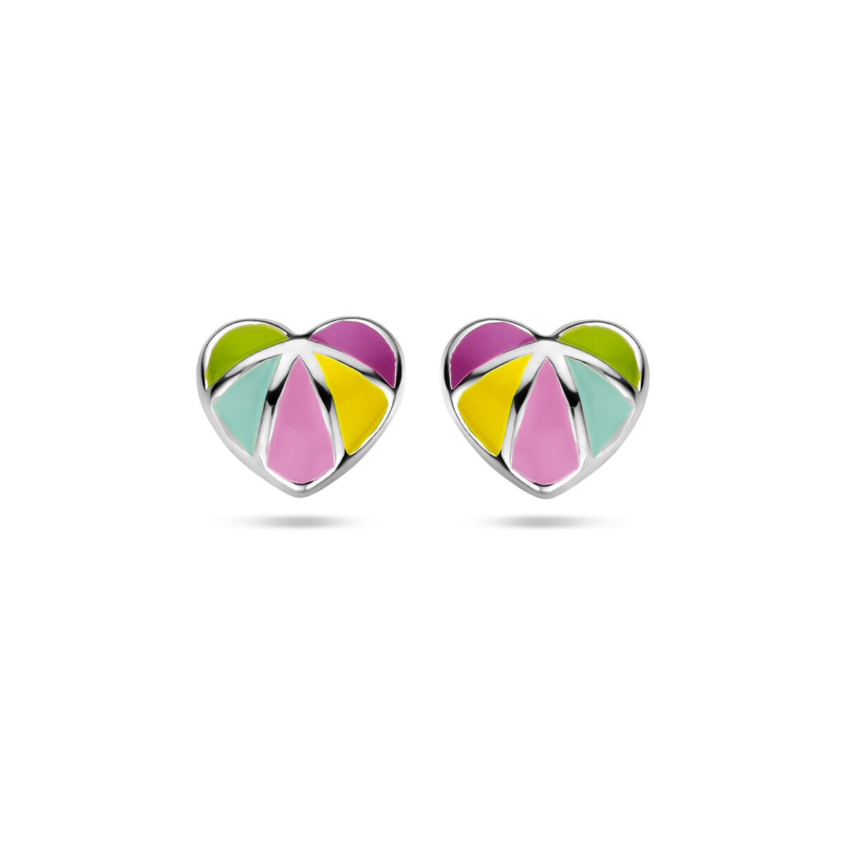 Orecchini a forma di cuore in argento rodiato con dettagli colorati in verde, giallo, rosa e blu.