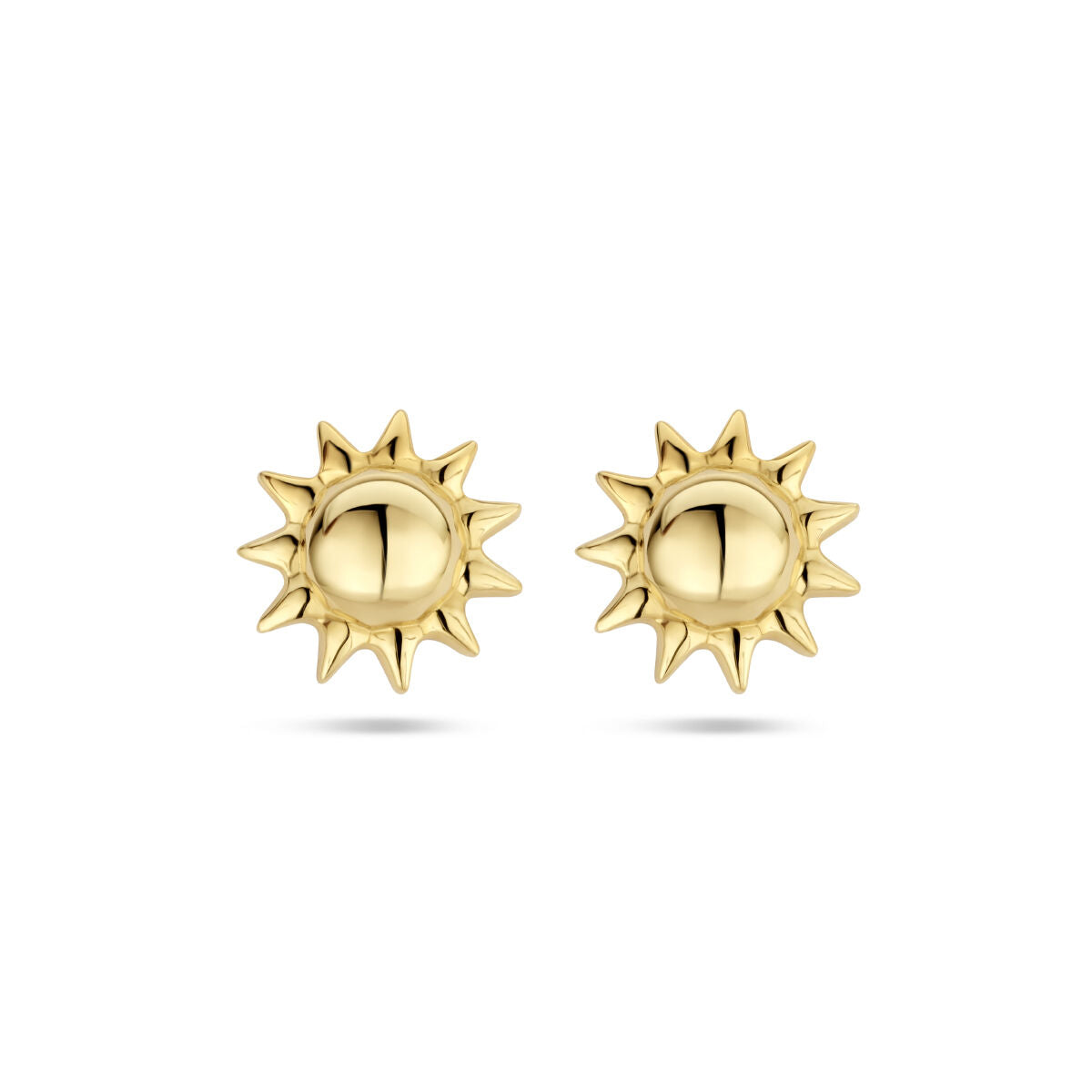 Orecchini a forma di sole in oro giallo 14K con dettagli a raggi.